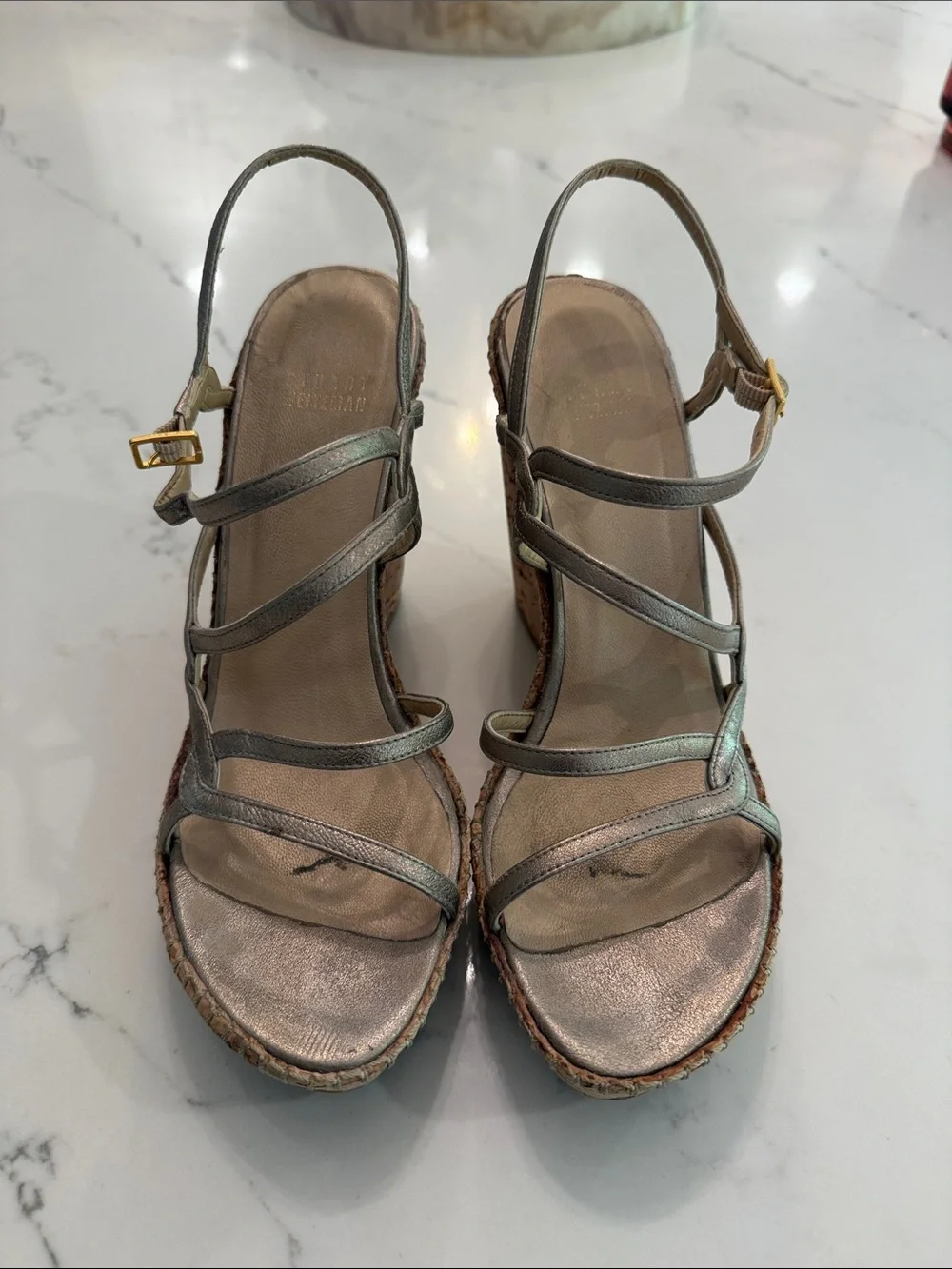Stuart Weitzman Neutral Metallic Strappy Cork Wedge Sandals - size 7.5 - Picture 2 of 7